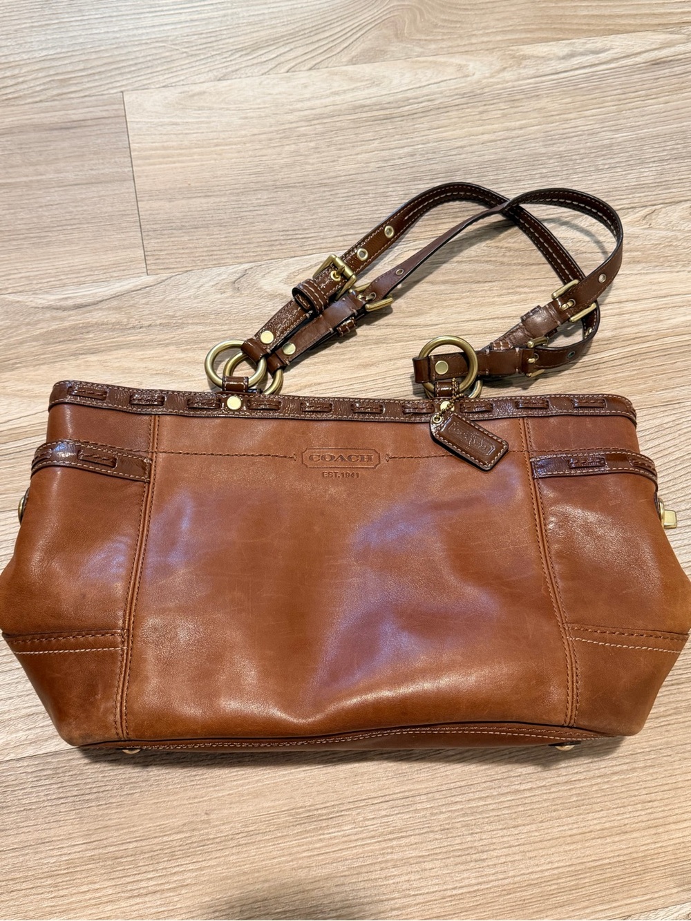 Coach Cognac Leather Shoulder Bag with Brass Hardware